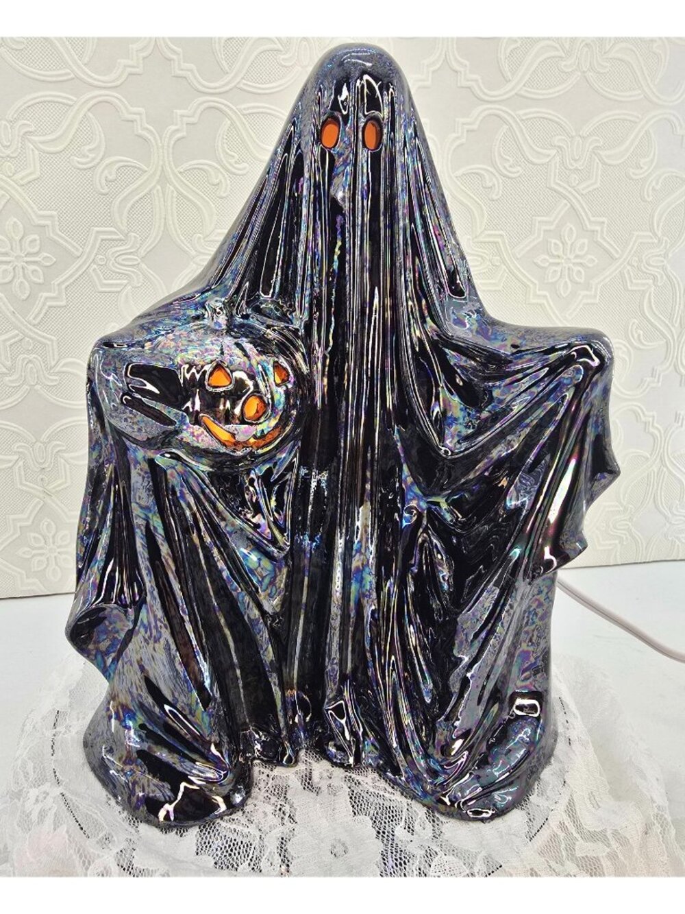 Ceramic Ghost 9 "Black With A Silver Luster Pumpkin And Mother of Pearl